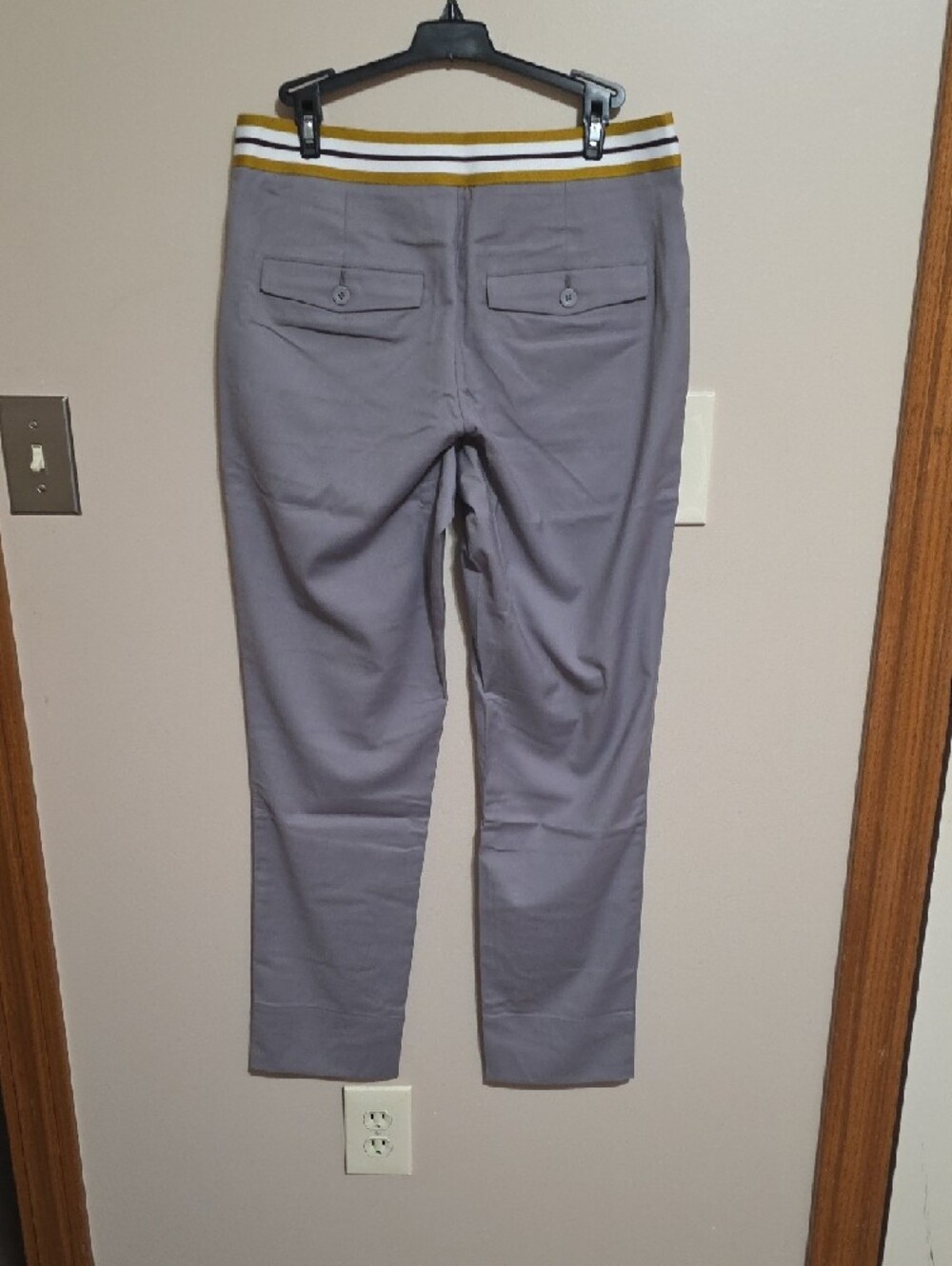 Wildfang Gray Skinny Pants with Yellow & White Striped Waistband - Picture 5 of 12